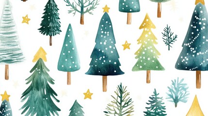 Whimsical watercolor illustration of festive Christmas trees in various sizes and shapes against a clean white background, adorned with subtle snowflakes and stars.
