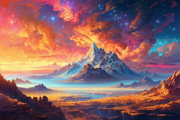 Illustration of a whimsical, colorful fantasy mountain canyon.