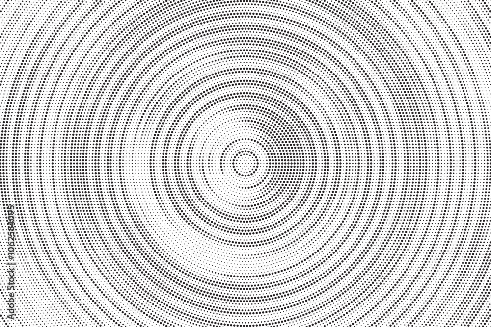Aufkleber Radial halftone gradient background. Dotted concentric texture with fading effect. Black and white circle shade wallpaper. Grunge rough vector. Monochrome backdrop