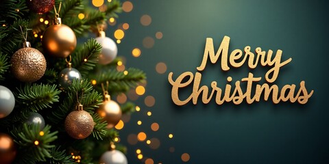 Merry Christmas Golden and silver baubles on a Christmas tree on the left side, with (Merry Christmas) in a festive, metallic font on the right