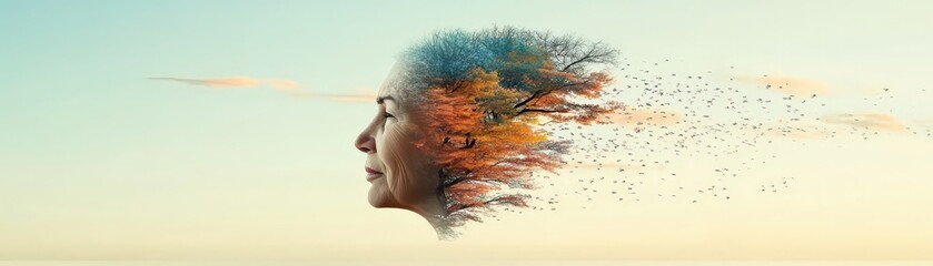 Sad Senior Woman Portrait with Autumn Tree and Birds  AI Generated Art