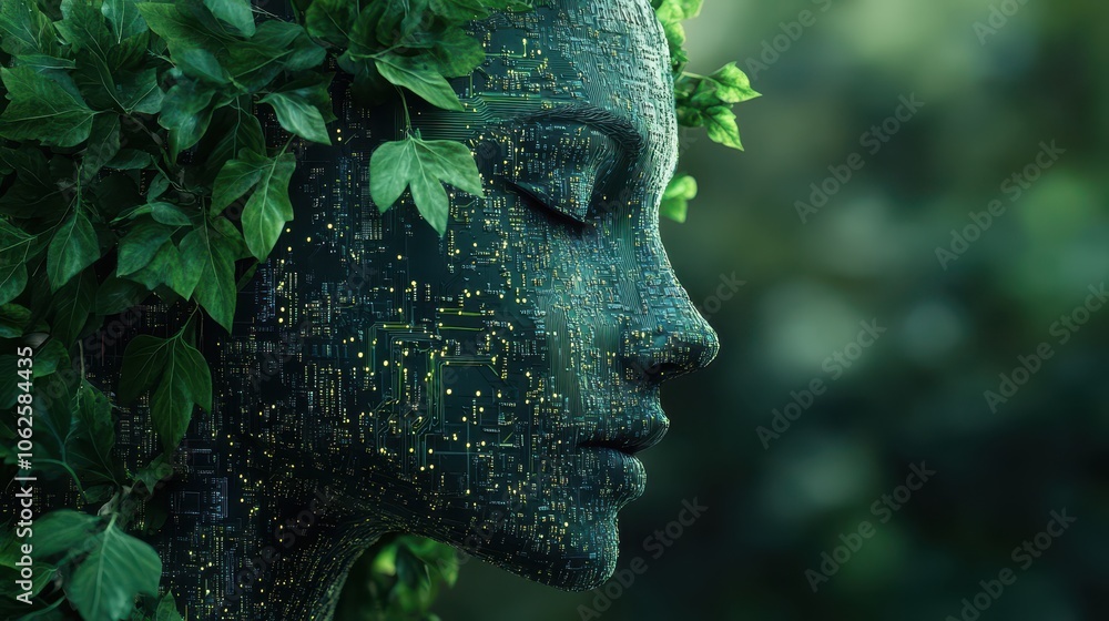 Poster generative ai illustration of digitally created image of ree with foliage growing from a circuit boa