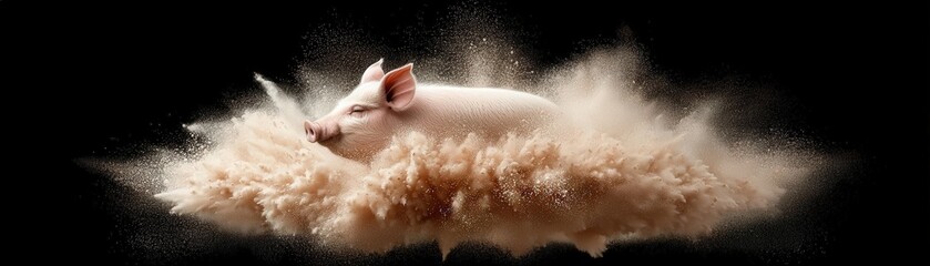 Pig Suspended in Dust Explosion  Creative Animal Photography  Black Background
