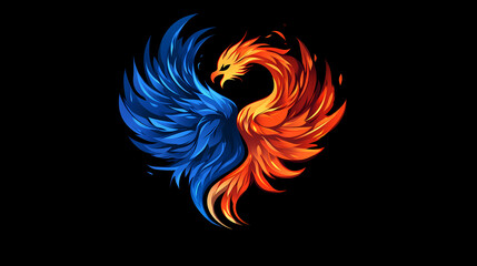 Obraz premium Phoenix bird, half fire and half blue, with wings open. Flaming Phoenix. Illustration