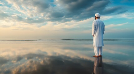 Naklejka premium Beyond Binary photography of a Muslim man in traditional attire standing on a beach, looking at the horizon, reflective and calm, 4k resolution