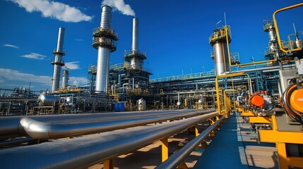 Fototapeta premium Oil production process depicted through an industrial scene showcasing oil rigs and drilling equipment in action. This detailed image illustrates the various stages of extracting crude oil 
