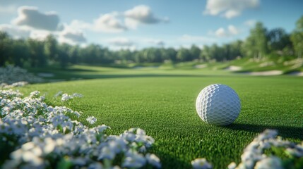 Closeup of golf ball on lush green grass of golf course ready for the perfect putt