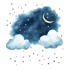 joyful watercolor style winter night sky illustration featuring dark blue cloud, twinkling stars, and crescent moon. Perfect for adding whimsical touch to any design