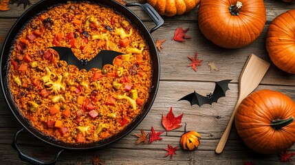 Delicious paella served alongside festive Halloween pumpkins and playful bats, creating a whimsical and seasonal dining scene. The vibrant colors of the paella contrast beautifully 