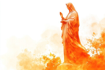 Orange watercolor of Grace virgin Mary statue, religious design art