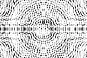 Radial halftone gradient background. Dotted concentric texture with fading effect. Black and white circle shade wallpaper. Grunge rough vector. Monochrome backdrop