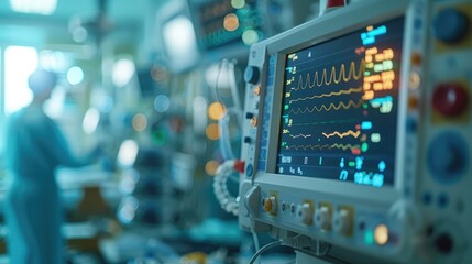 Fototapeta premium closeup of medical equipment and monitors displaying life line waveforms on screen in hospital room.