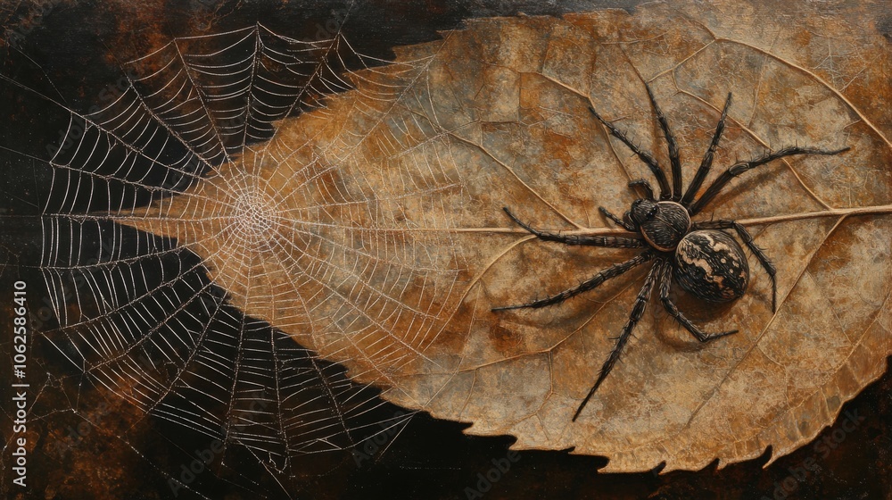 Poster spider on leaf with web close up