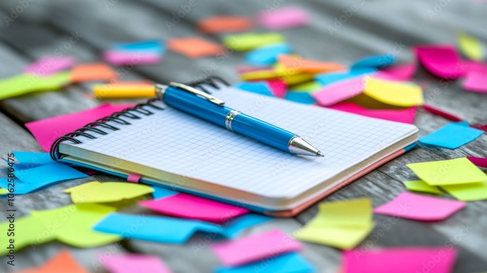 Poster notebook and pen on wooden table with colorful notes