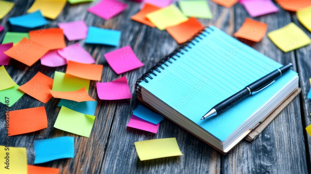 Poster notebook and pen on wooden surface with colorful notes