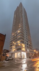Obraz premium Modern Skyscraper Architecture in Urban Nighttime Setting