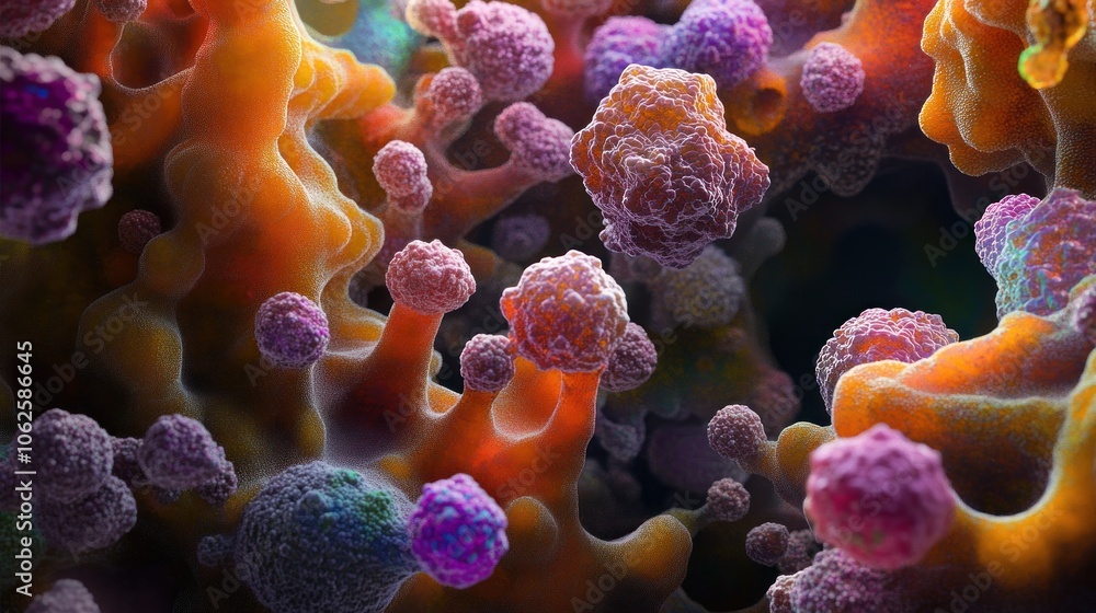 Poster a 3d rendering of colorful cells, representing the microscopic world.