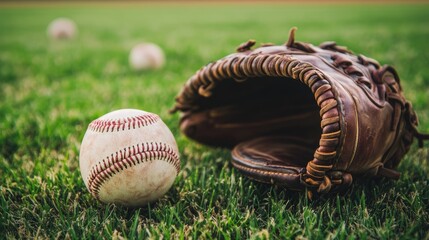Closeup of baseball glove and ball on vibrant green grass, perfect for sports recreation
