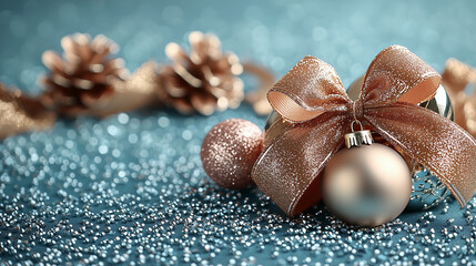 Naklejka premium Festive and elegant background showcasing Christmas decorations, including ornaments, ribbons, and pine cones, creating joyful holiday atmosphere