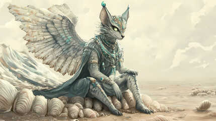 Fototapeta premium Seashell sphinx a riddling guardian perched atop ancient seashells, challenging seekers of wisdom. Guardian Sphinx. Illustration