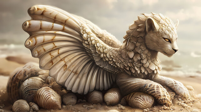 Seashell sphinx a riddling guardian perched atop ancient seashells, challenging seekers of wisdom. Guardian Sphinx. Illustration