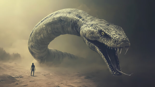 Serpente gigante perigosa cercando humano. Behemoth Beast. Illustration