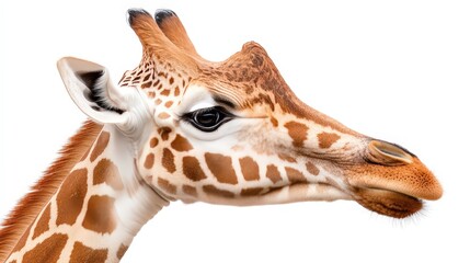 Obraz premium Close up of a Giraffe s Head with Patterned Skin and Long Neck on White Background