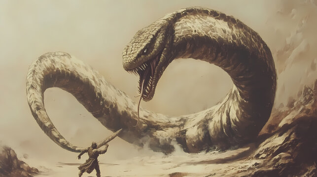 Serpente gigante perigosa cercando humano. Behemoth Beast. Illustration