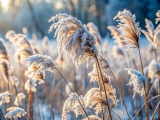 Fototapeta premium Abstract Natural Background of Frosted Pampas Grass and Bokeh Dry Reeds in Winter, Boho Style, Soft Plants Patterns, Fluffy Stems, Tall Grass Under Snow, Nature Photography