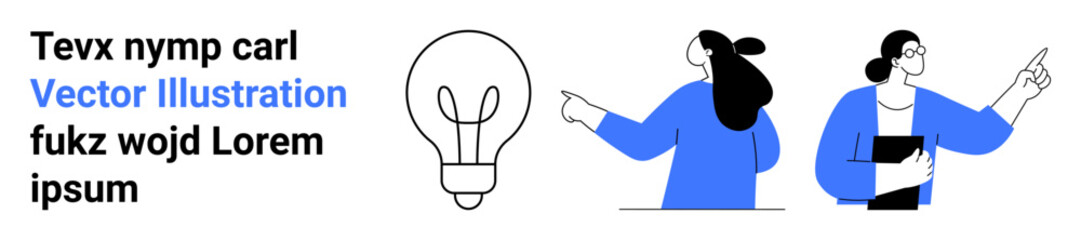 Two business professionals pointing at ideas alongside a large lightbulb symbol. Ideal for presentations, brainstorming sessions, teamwork concepts, innovation, business diagrams, educational