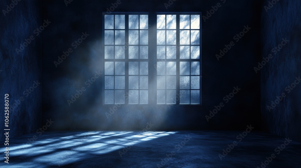 Poster the dark stage with smoky dark blue background. an empty dark room with window shadows for display p