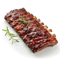 Obraz premium Photo of barbecue ribs on a cutting board with rosemary sprig and barbecue sauce, ready for serving.