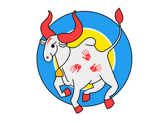 Indian bull Zebu decorated with palm prints. The sacred animal of Hinduism. Flat vector illustration with outline.