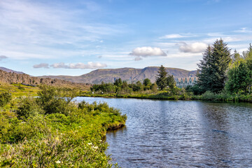 Thingvellir, Iceland - August 12, 2024: Landscape views of the continental divide in Thingvellir National Park in Iceland
