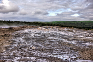 Geysir Geothermal Area, Iceland - August 12, 2024: Landscape views in the Geysir Geothermal Area in Iceland
