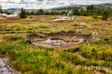 Geysir Geothermal Area, Iceland - August 12, 2024: Landscape views in the Geysir Geothermal Area in Iceland
