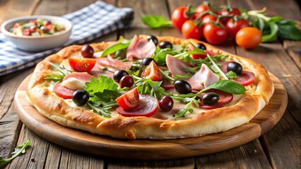 Wide-angle focaccia pizza with ham, mozzarella, salads, and olives