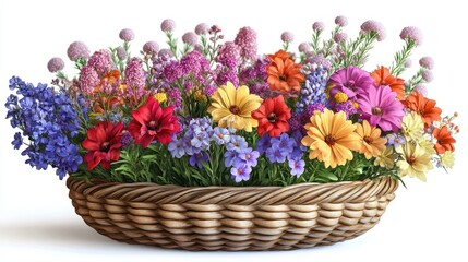 Colorful spring flowers arranged in a woven basket centerpiece isolated on transparent background
