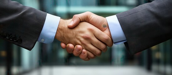 Obraz premium Business Professionals Shaking Hands in Modern Office Setting Symbolizing Partnership and Successful Collaboration