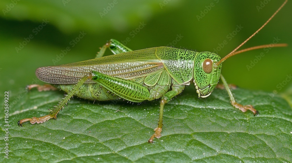 Poster Close-Up View of Leaf with Small Grasshopper