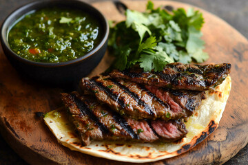 Grilled steak quesadilla with melted cheese and jalapeños, served with a side of salsa verde