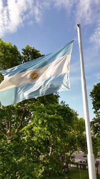bandera argentina flameando sobre sol, cielo azul	