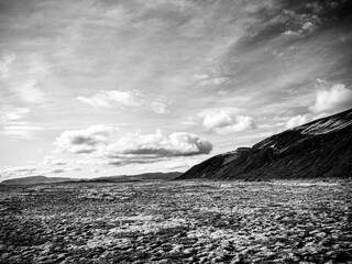 Thingvellir, Iceland - August 12, 2024: Landscape black and white scenery in the region around Thingvellir National Park in Iceland
