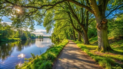 Wide-angle footpath on river bank near trees