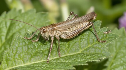Fototapeta premium Close-Up View of Leaf with Grasshopper