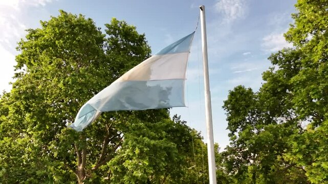 bandera argentina flameando sobre sol, cielo azul	