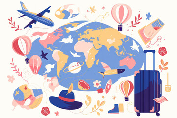 Colorful World Map Illustration with Travel Icons