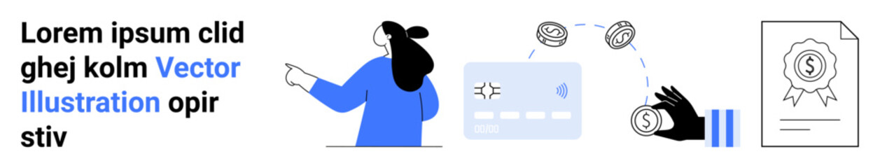 Businesswoman pointing to a presentation, a credit card, currency exchange icons, and a certification document. Ideal for business consultations, financial services, e-commerce, digital marketing