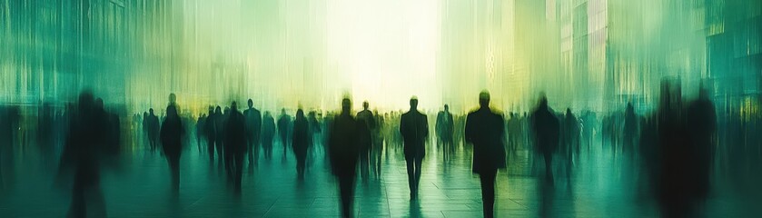 Abstract Urban Scene with Blurred Silhouettes of People Walking in a Modern Cityscape with Green Tones and Soft Lighting