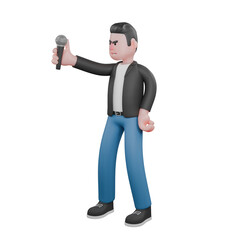 3D Model of Cartoon Music Performer. A male musician stands holding a microphone in his right hand and his left hand on his waist.  Singing Star